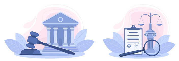 A set of illustrations of a courthouse, a magnifying glass, a judge's gavel and a scale. The concept of law, court, justice, legal services to business and protection in court. Vector illustration