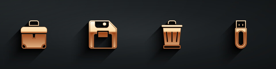 Set Briefcase, Floppy disk, Trash can and USB flash drive icon with long shadow. Vector