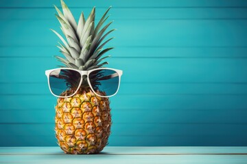 Pineapple with sunglasses on blue wooden background, summer concept, Generative AI