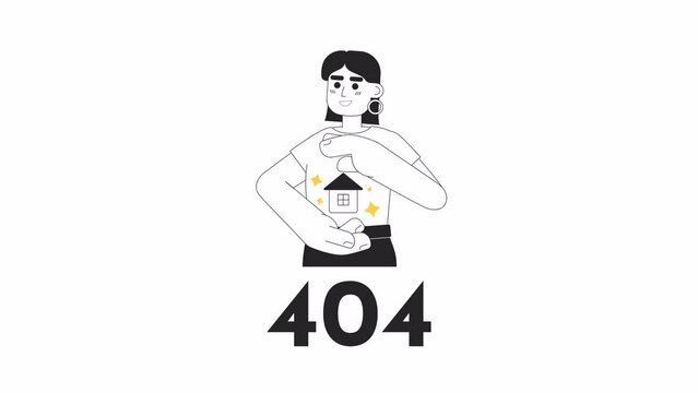 Investment property business bw error 404 animation. Investor house error message gif, motion graphic. Real estate agent selling home animated character outline 4K video isolated on white background
