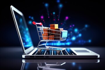 Shopping cart with products on top of laptop keyboard, concept of e-commerce integration and online marketing strategies, Generative AI