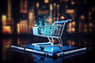 Shopping cart full of boxes on mobile phone and tablet screen and colorful lights in the background, Generative AI
 - obrazy, fototapety, plakaty