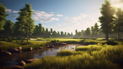 A serene golf course surrounded by lush greenery and tall trees. The fairways are meticulously maintained, with neatly trimmed grass.