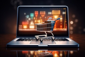 Shopping cart with products on top of laptop keyboard, concept of e-commerce integration and online marketing strategies, Generative AI
