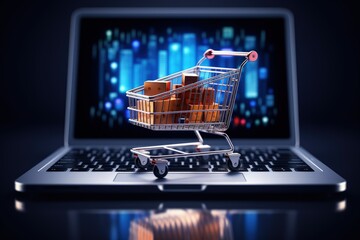Shopping cart with products on top of laptop keyboard, concept of e-commerce integration and online marketing strategies, Generative AI
