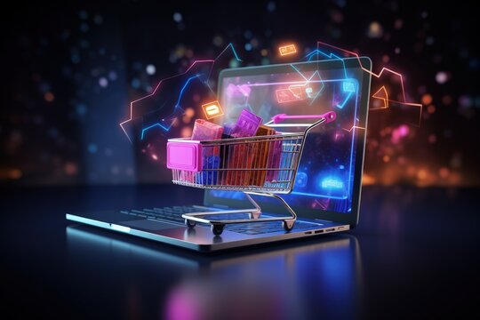 Shopping cart with products on top of laptop keyboard, concept of e-commerce integration and online marketing strategies, Generative AI