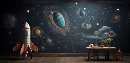School blackboard background with rocket and wooden table, chalkboard, Generative AI