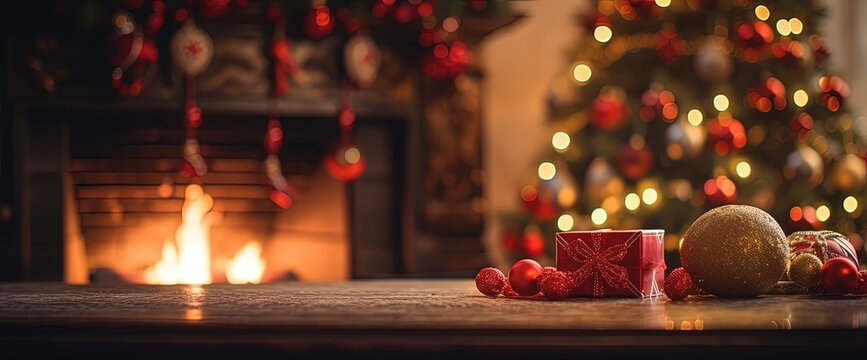 Christmas tree and gifts seen close up with burning fireplace blurred in the background in bokeh style, christmas background, Generative AI