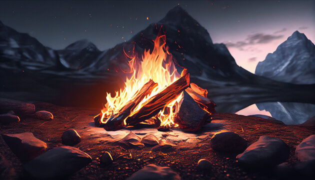 Close up campfire with bright flame. Stunning scenery mountains landscape  Ai generated image