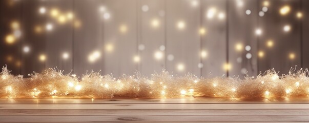 Wooden table and lights in the background in bokeh style, Christmas background, Generative AI
