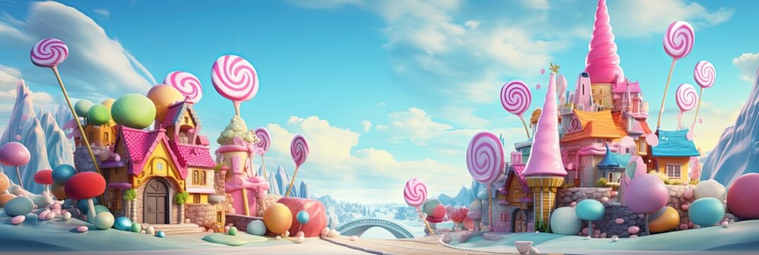 Candy world, fantasy land made of candy with castle and colorful lollipops, Generative AI