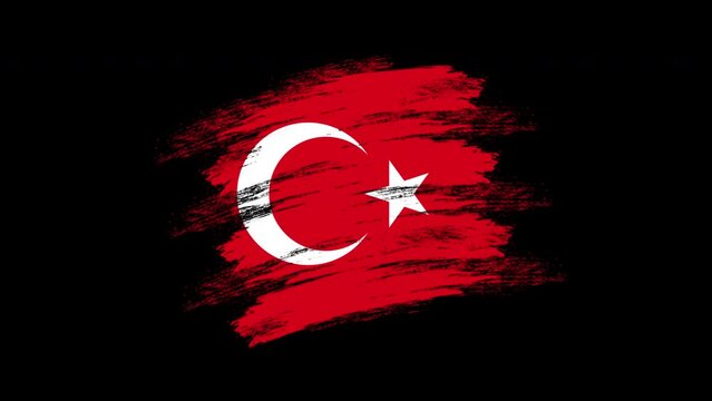 4K Paint Brush Turkey Flag with Alpha Channel. Waving Brushed Turkish Banner. Transparent Background Texture Fabric Pattern High Detail.