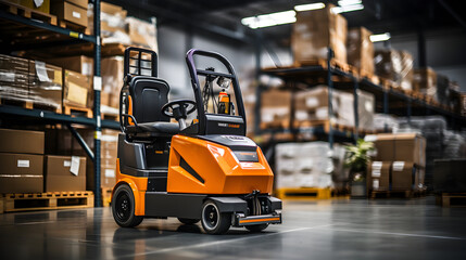 Interior of a modern warehouse storage of retail shop with pallet truck near shelves for advertising and background Generative AI