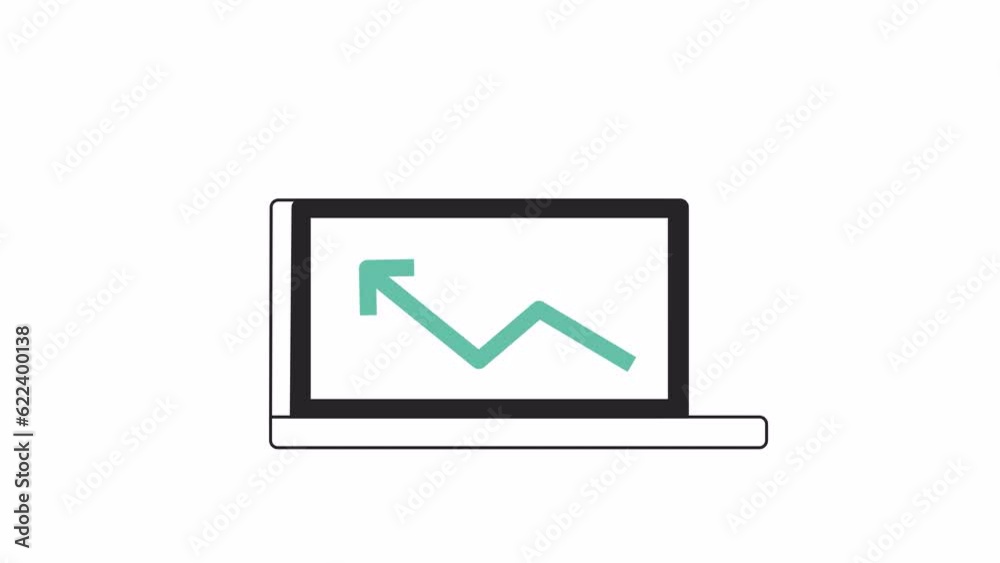 Poster laptop with graph growing up bw 2d object animation. business statistic report outline cartoon 4k vi