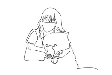 little sweet girl and dog friend hug line art