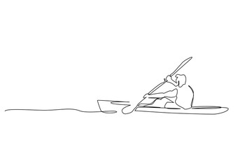 young person water sea boat canoe kayaking activity one line art