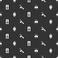 Set King crown, Wrist watch, Stereo speaker and Submachine gun on seamless pattern. Vector