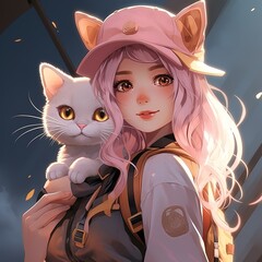 Anime girl with a cat.Generative AI