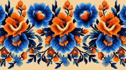 Fotobehang folk patterns blue and orange flowers.Generative AI © DZMITRY