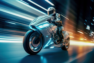 Biker rushes highway of the city. Motion blur of a racer driving a futuristic motorbike - obrazy, fototapety, plakaty