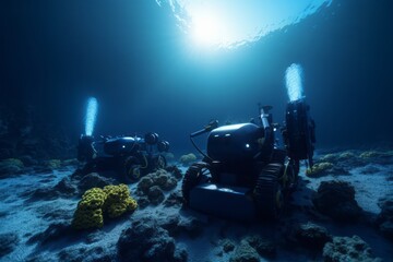 industrial submarine harvesting manganese nodule,  Photographic Capture of a Field of Manganese Nodules Underwater, Unveiling the Fascinating Underwater Landscape and Geological Phenomena