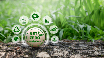Wooden cubes with green net zero icon and green icon. Net zero and carbon neutral concept. Net zero greenhouse gas emissions target. Climate neutral long term strategy.No toxic gases.Carbon neutral.