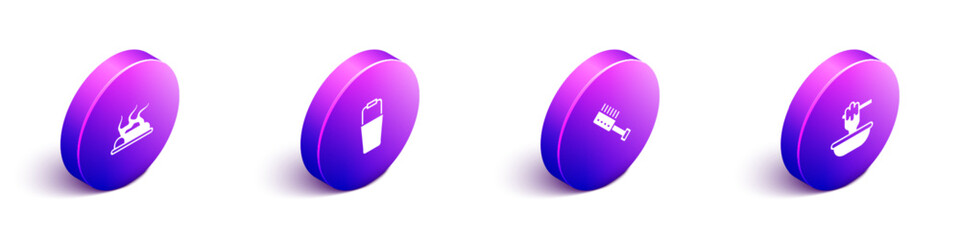 Set Isometric Campfire, Sauna bucket, brush and Honey dipper stick with bowl icon. Vector