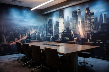 Generative AI illustration of Modern office and workspace with art murals on the walls