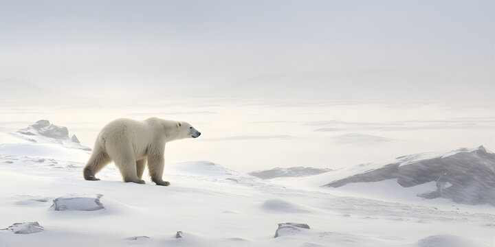 In the vast expanse of the Arctic tundra, a solitary Polar Bear traverses the icy terrain, its pure white fur blending seamlessly with the snow-covered landscape.