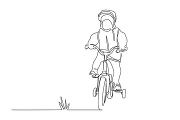 little boy rides bike for the first time outside in the park line art