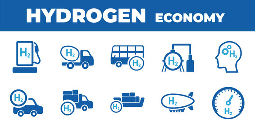 Hydrogen economy vector illustration. Concept with connected icons related to hydrogen use as fuel, in industrial processes, hydrogen storage and transport
