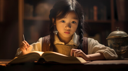 Fototapeta na wymiar An Asian girl studying intently, her eyes focused on a book with determination. Back to school concept. School girl