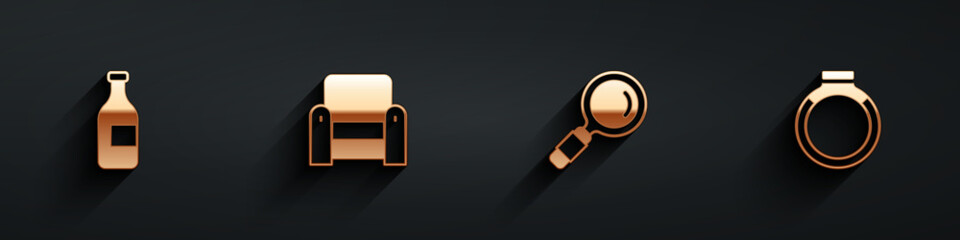 Set Bottle of wine, Armchair, Magnifying glass and Gold ring icon with long shadow. Vector