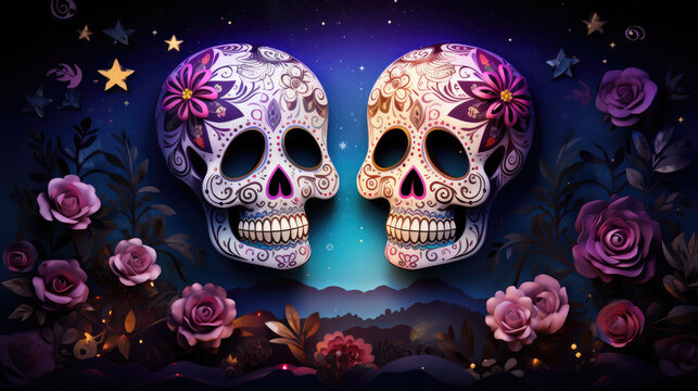 Colorful Mexican Day of the Dead skull. Romantic skull couple with flowers and moonlight background. Mexican celebration inspired image.