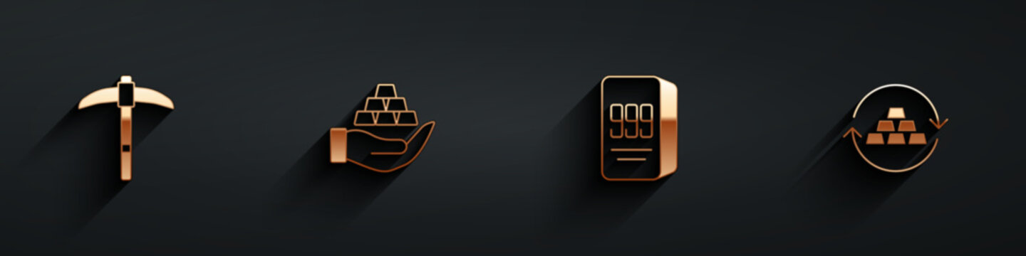 Set Pickaxe, Gold bars in hand, 24k and exchange money icon with long shadow. Vector
