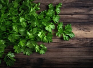 On a dark wooden table, a bunch of green fresh fragrant parsley before adding to food for taste and smell. Created with Generative AI technology.