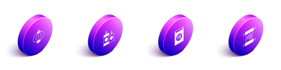 Set Isometric Chinese paper lantern, Firework, New Year and icon. Vector