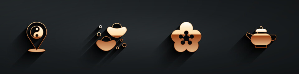 Set Yin Yang symbol, Chinese fortune cookie, Lotus flower and tea ceremony icon with long shadow. Vector