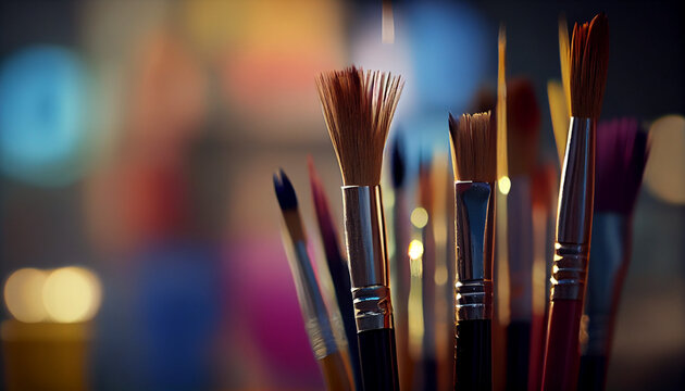 Close up paintbrushes on blurred indoor artistic studio background. Art tools Ai generated image