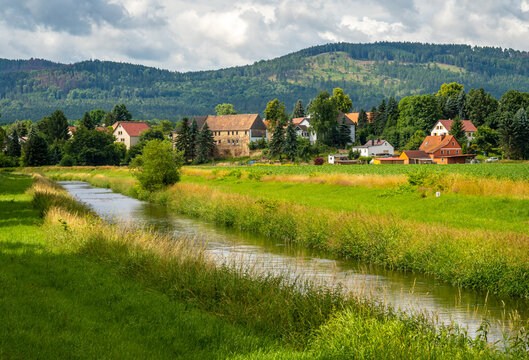 Lusatian Neisse river at tri-border area nearby Hradek nad Nisou, viewed from czech side