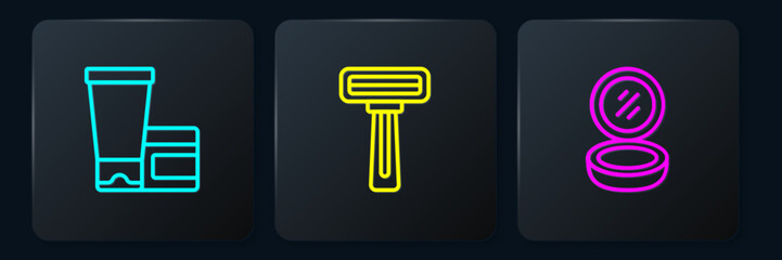 Set line Cream or lotion cosmetic tube, Makeup powder with mirror and Shaving razor. Black square button. Vector