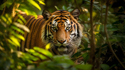 A majestic Bengal Tiger emerges from the lush green foliage of an ancient rainforest, its striking orange fur contrasting against the vibrant shades of the surrounding leaves