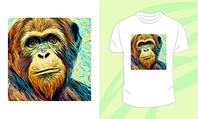 Vector graphic t-shirt design, with colorfull orangutan