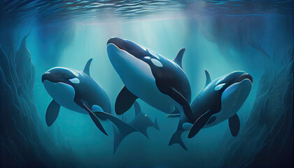 Obraz na płótnie Canvas Pod of Orcas Swimming Underwater