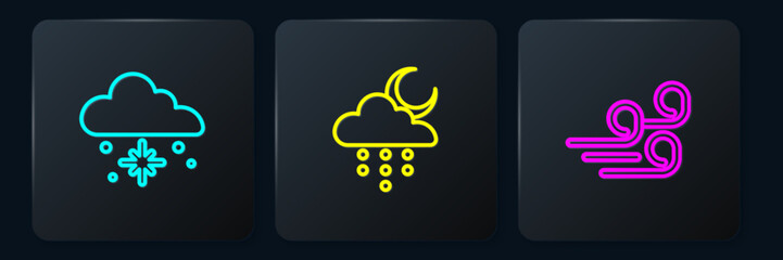 Set line Cloud with snow, Windy weather and rain and moon. Black square button. Vector