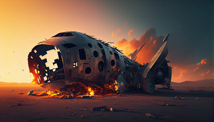 Dramatic illustration of aeroplane accident. Crashed and burnt air plane on sunset background Ai generated image