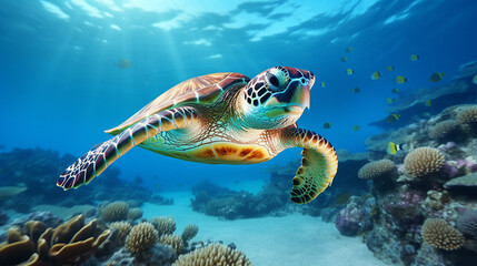 Naklejka na ściany i meble Sea turtle swimming in the ocean among colorful coral reef. Underwater world. Hawaiian Green sea turtle swimming in coral reef. Beautiful Underwater world. Marine life. 3d render illustration