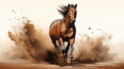 A brown horse gallops through a dusty field. (Illustration, Generative AI)