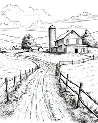 There is a rural country road with a barn, silo, farm, fence, and trees. (Generative AI)