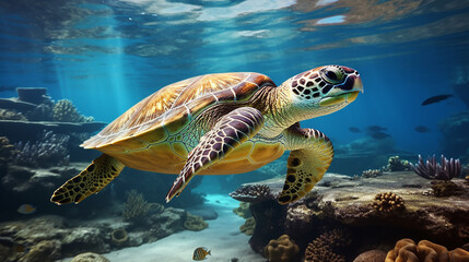  Sea turtle swimming in the ocean among colorful coral reef. Underwater world. Hawaiian Green sea turtle swimming in coral reef. Beautiful Underwater world. Marine life. 3d render illustration